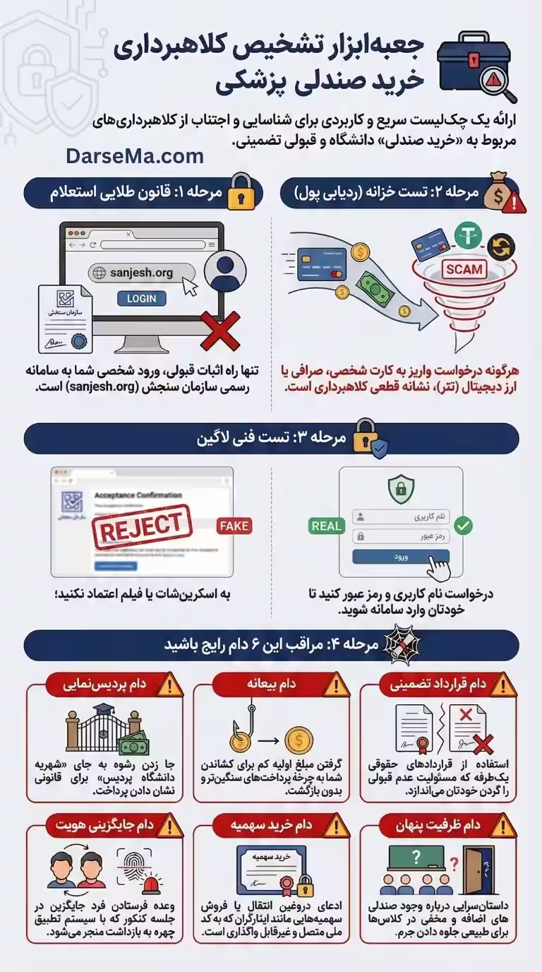 اینفوگرافیک تشخیص کلاهبرداری خرید صندلی پزشکی؛ ۶ دام دلالان و چکلیست استعلام (۱۴۰۴) اینفوگرافیک راهنمای تصویری مقابله با کلاهبرداری خرید صندلی کنکور و پزشکی